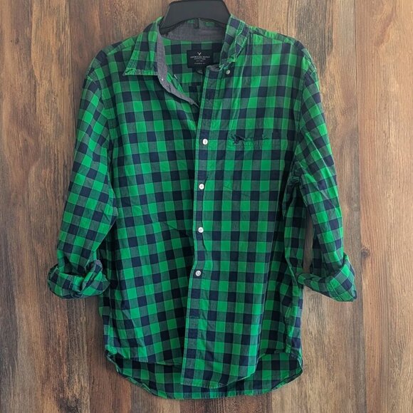 American Eagle Men's Button Down Green/Navy Classic Fit L - Picture 1 of 6